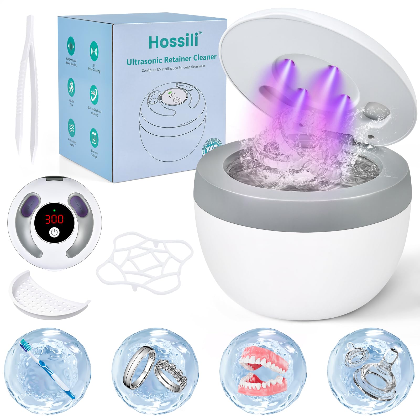 Photo 1 of Hossili Ultrasonic Retainer Cleaner Machine, 45kHz 200ML Dental Cleaning Pod with 4 Wash Modes, Digital Timer for Denture Cleaner, Aligners, Mouth Guards, Braces, Jewelry & Toothbrush Heads (White)