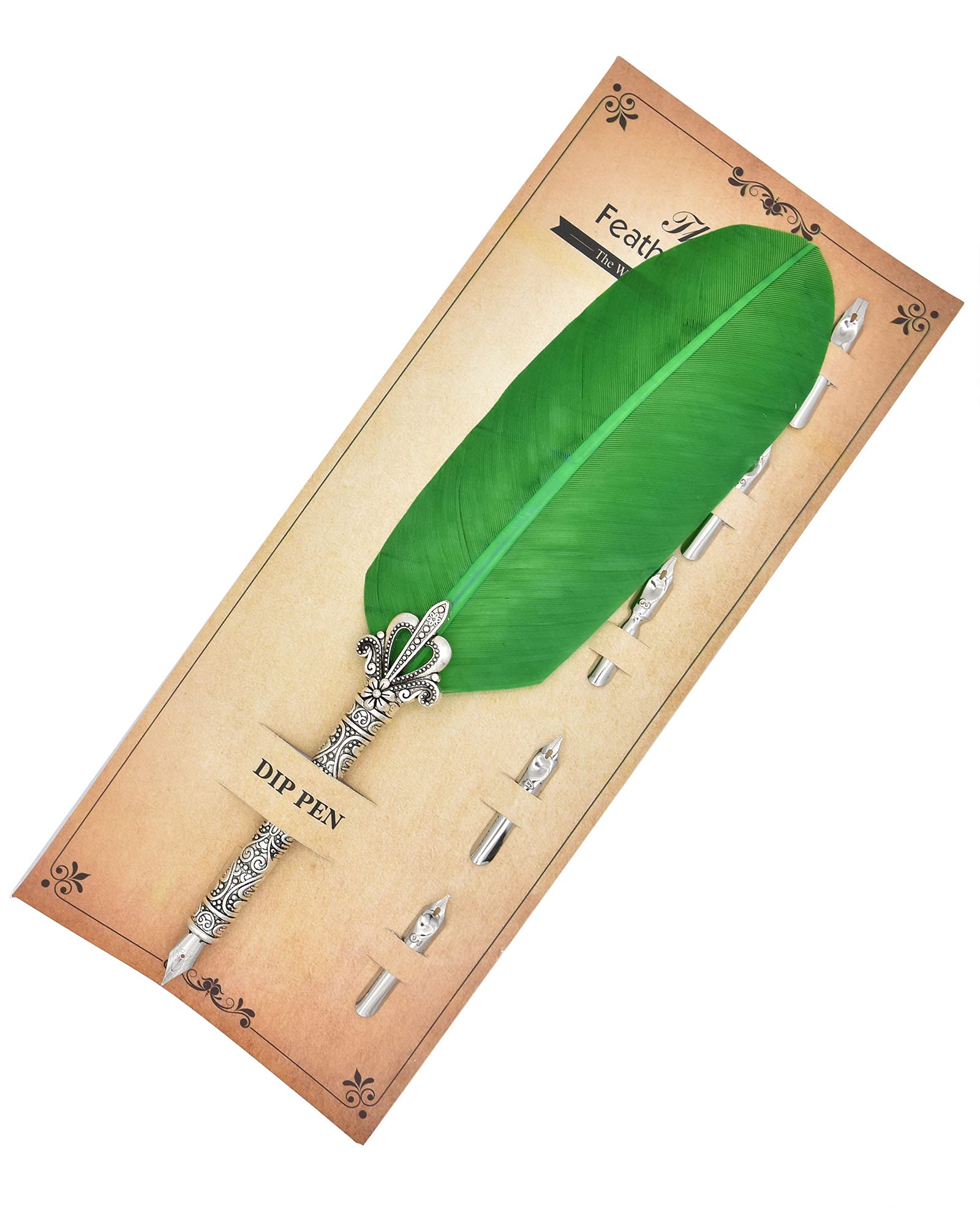 Gullor Calligraphy Feather Quill Pen and 5 Calligraphy Nibs for Beginners Kids Calligraphy Writing Quill Dip Pen Set, Green