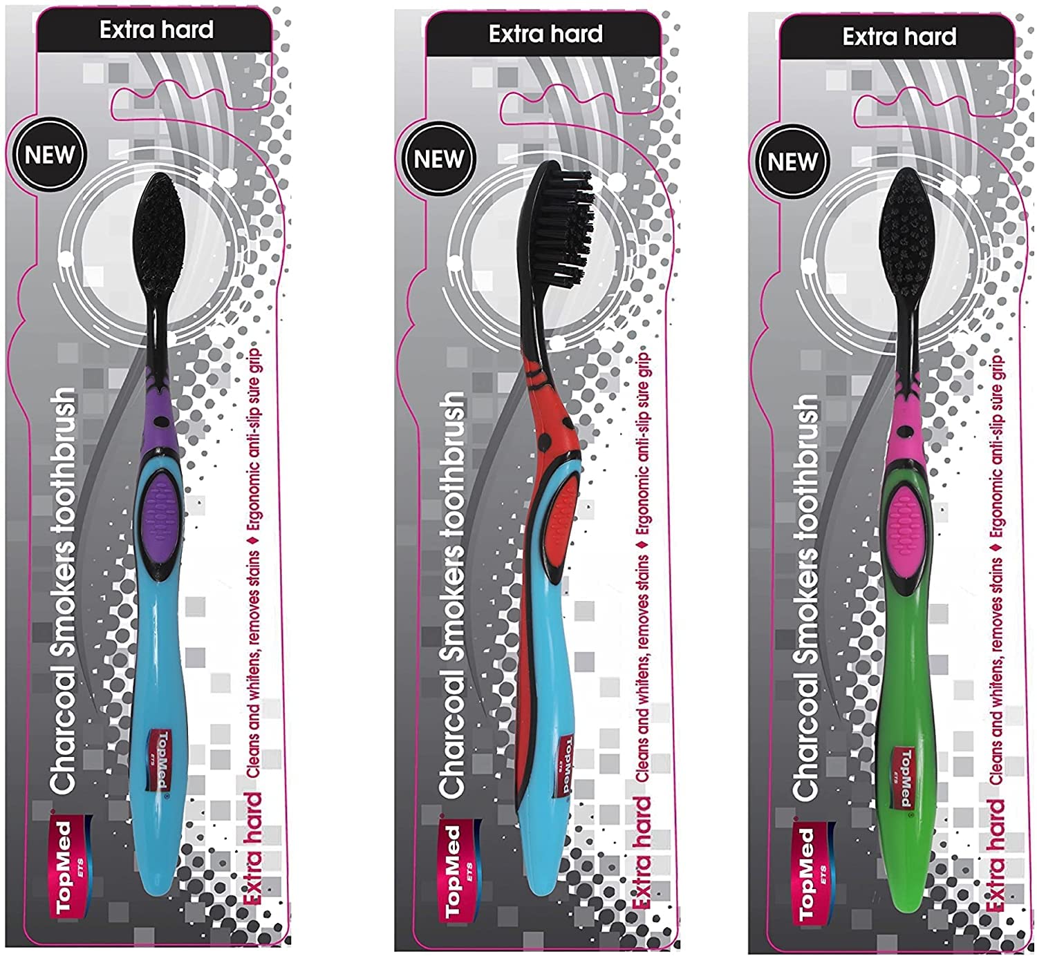 TOPMED ETS Smokers Charcoal Toothbrush Extra Hard (Color May Vary) (3 Count (Pack of 1))
