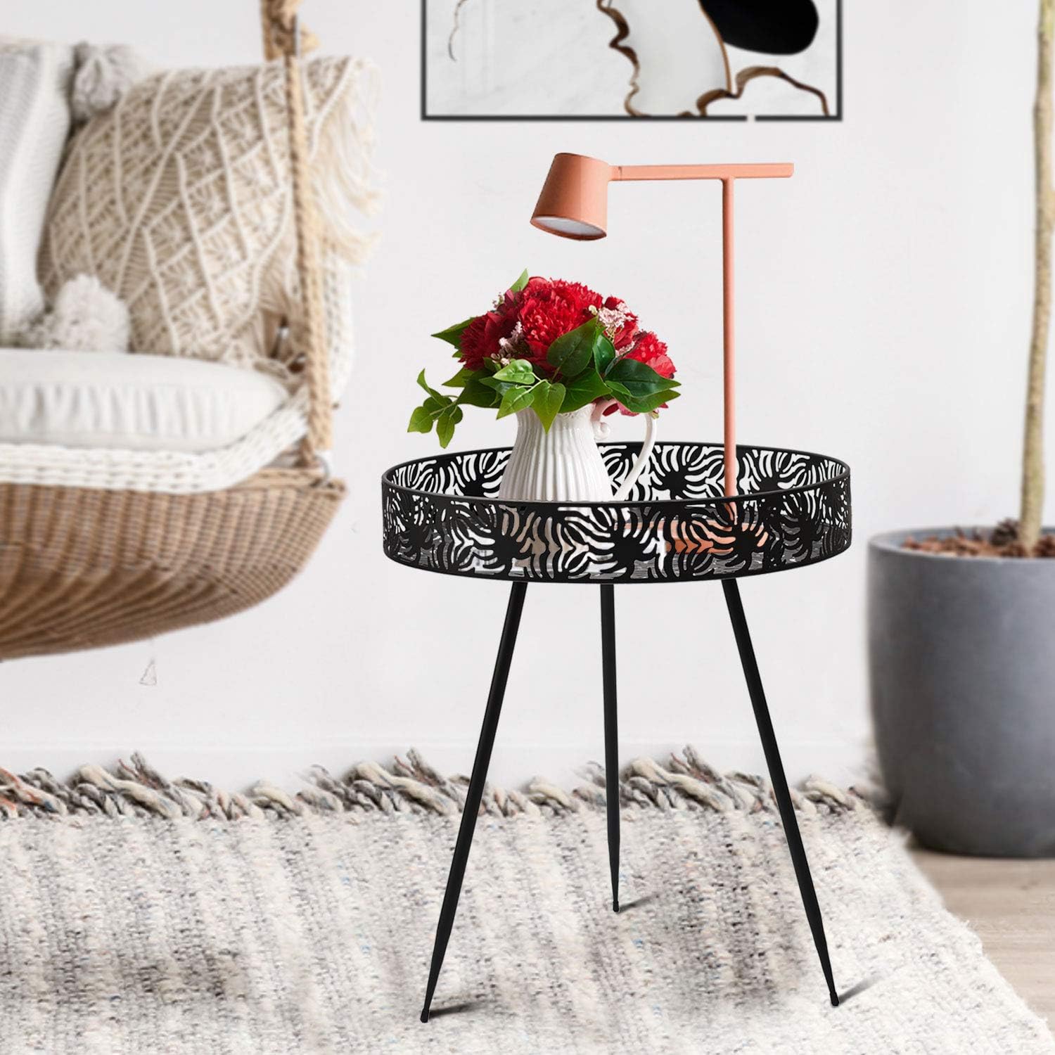 Donosura Side Table Plant Table 16 Inch End Table Indoor Outdoor Coffee Table Perfect for Picnic Food Kitchen Bedroom Graden Patio, Black Metal Round : Garden & Outdoor