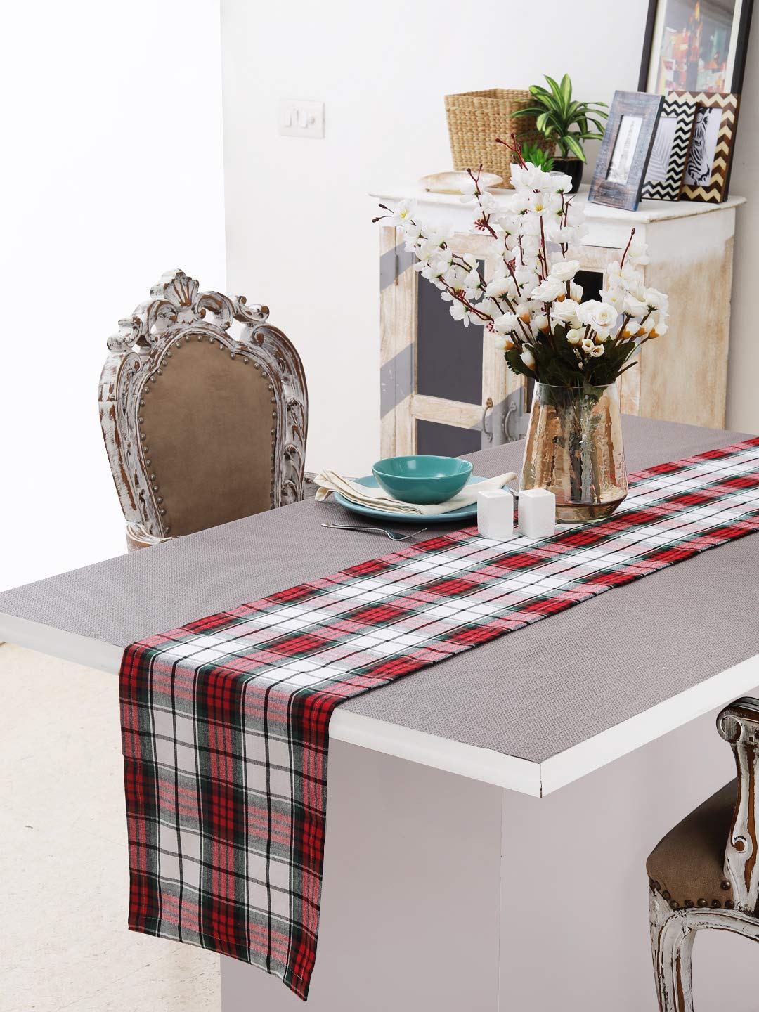 DG Collections Cotton Table Runner (13 X 108 Inch), 1" Hemmed with Mitered Corner, Red/White/Green Plaid - Perfect for Thanks Giving, Christmas, All Seasons and Holidays