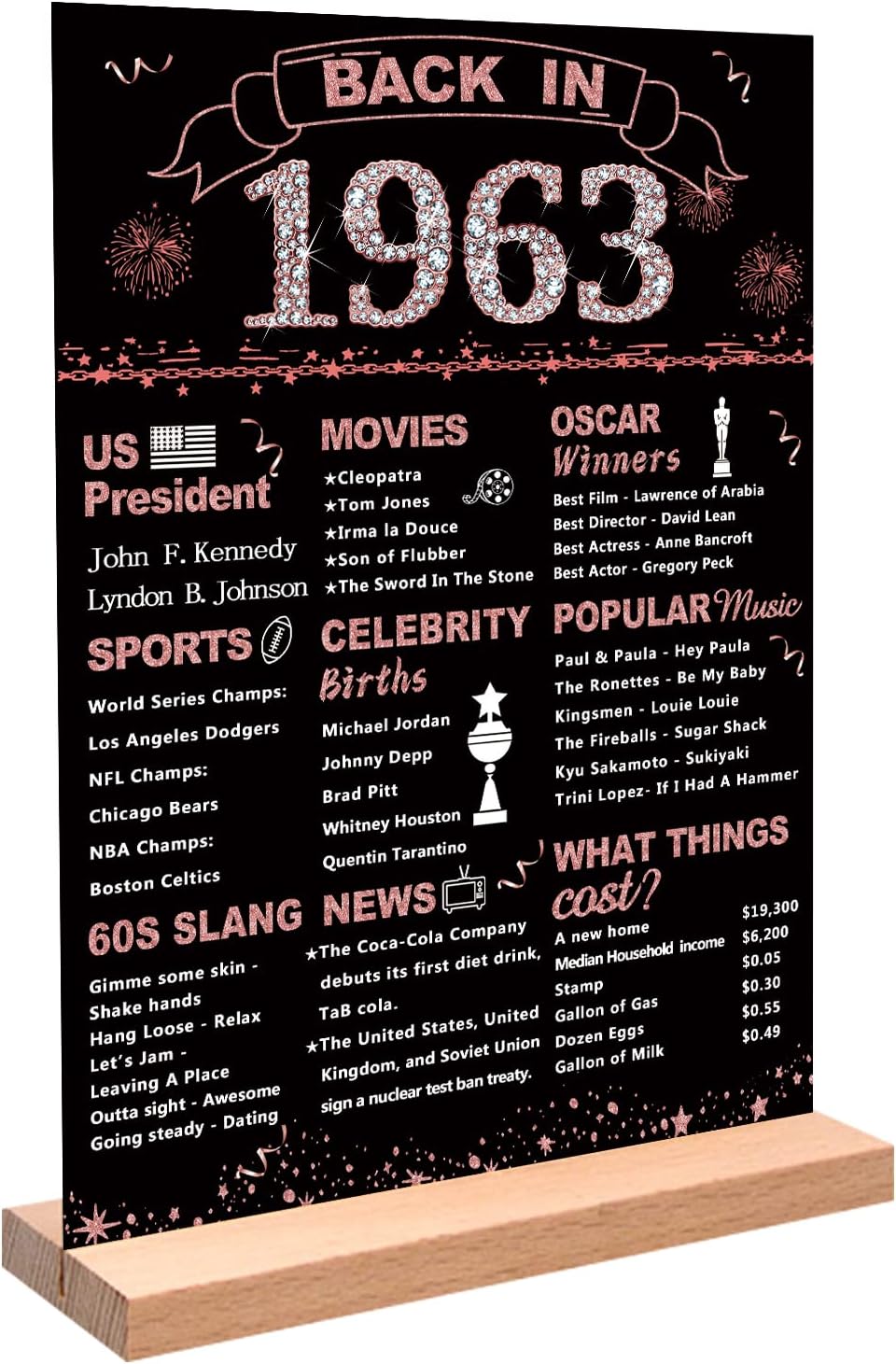 Wall Décor - DARUNAXY Rose Gold 60th Birthday Gift for Women, One-sided Back in 1963 Poster Acrylic Sign with Stand for Girl 60 Year Old Birthday Party Decoration Vintage 1963 Party Supply 60th Class Reunion Decor