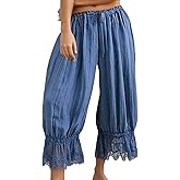 Women Lace Trim Long Bloomers Y2k Elastic Waist Lace Patchwork Pettipants Pantaloons Slip Cropped Pants