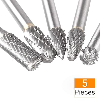 Carbide Burr Set, Acrux7 5pcs Double Cut Rotary Burr Set with 6 mm(1/4 Inch) Shank and 8mm Cutting Edge, Die Grinder Bits for DIY Woodworking, Metal Carving, Engraving, Drilling, Polishing