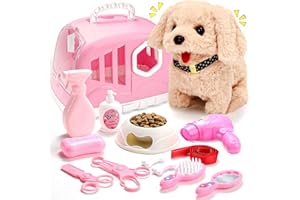 Volmop 14PCS Dog Toys for Kids, Walking Barking Electronic Interactive Plush Puppy Toy with Carrier and Accessories, Pet Care Toy Set for Kids, for Girls and Boys 3 4 5 6+ Year Old