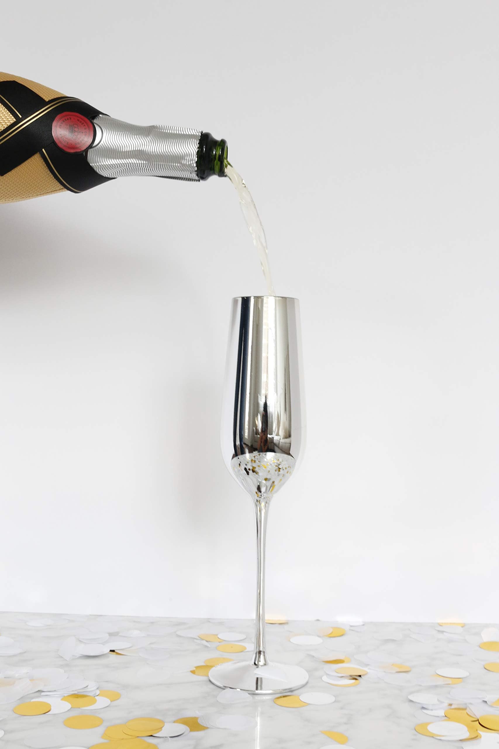 Silver Champagne Flutes (6 glasses/flutes) by Luxe Glassware, for Parties, Weddings, Anniversaries, Special Occasions, Birthdays and Decoration