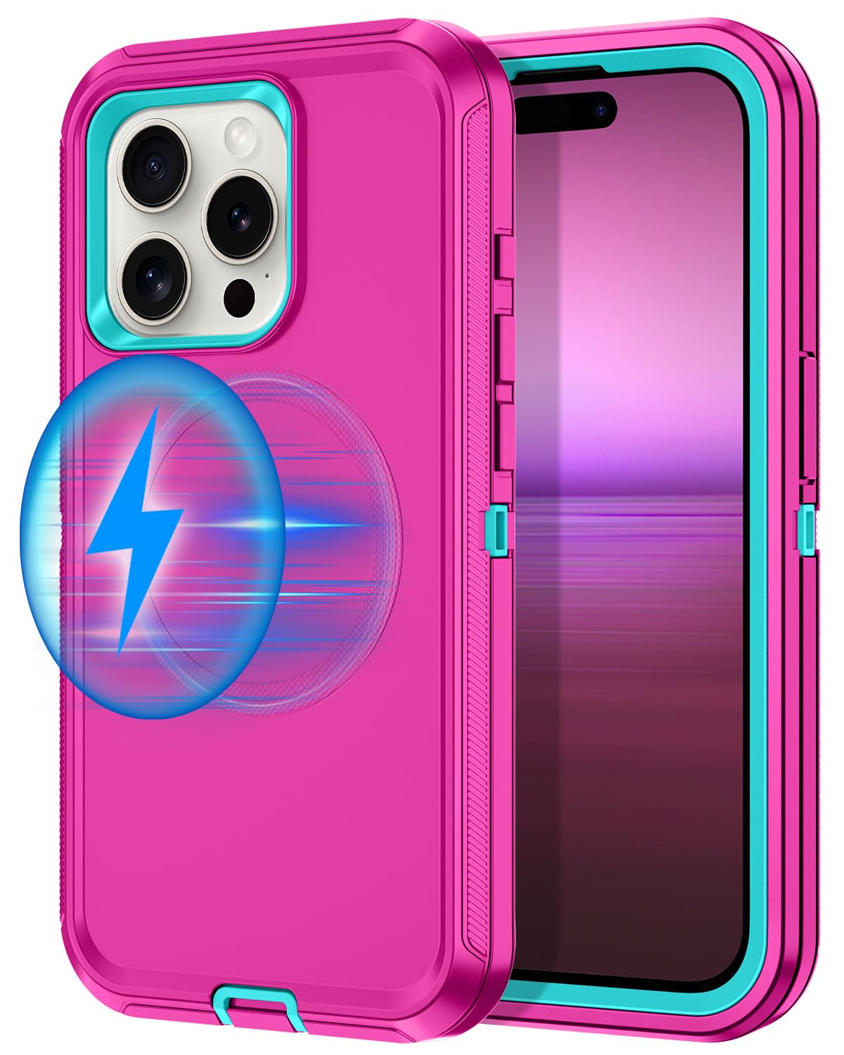 I-HONVA for iPhone 15 Pro Case [Compatible with MagSafe] Shockproof 3-Layer Full Body Protection [Without Screen Protector] Rugged Heavy Duty Cover Case for Apple iPhone 15 Pro 6.1",Rose Red/Green