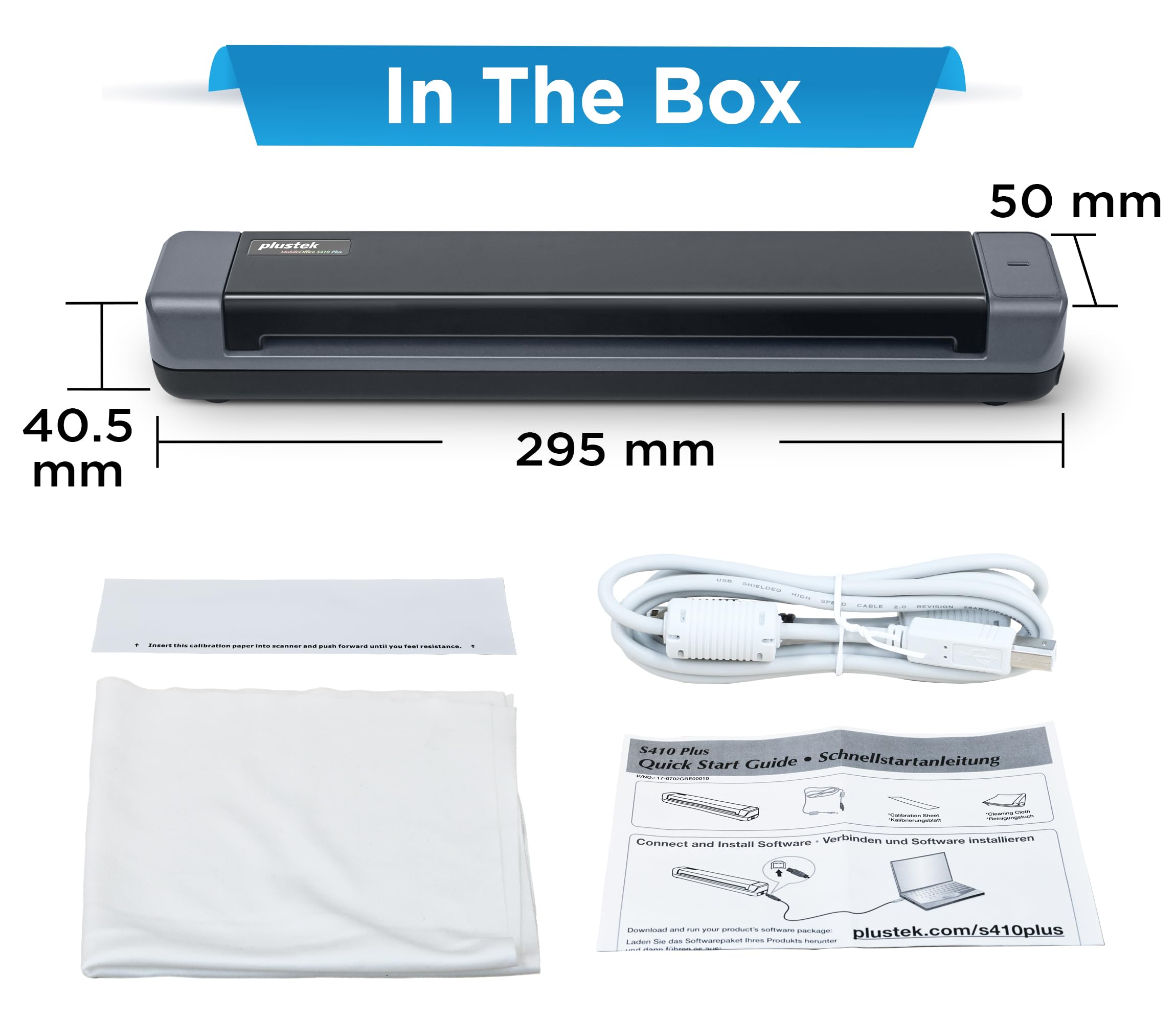 Plustek Mobile Scanner S410 Plus - Portable Sheet-Fed Document Scanner - for Windows 7 / 8 / 10 / 11, Featuring Button-Free Scanning with Included OCR Software