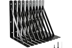 HOME MASTER HARDWARE 12 inch x 8 inch Heavy Duty Shelf Brackets, Load Capacity: 600lb, Black Metal 90 Degree Supports for Shelves 10-Pack, Wall Mounted L Bracket for Floating Shelving with Screws