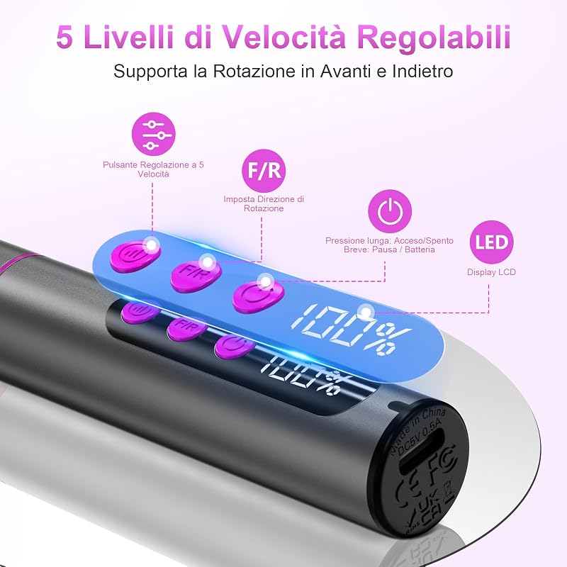 Fresa per Unghie Professionale Versione Aggiornata – Kit Trapano Unghie Elettrico 12 in 1, 35000 RPM con Display LCD, 5 Velocità Regolabili, per Unghie in Gel e Acrilico, Manicure e Pedicure