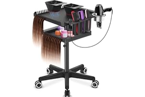 TASALON Professional Hair Extensions Organizer Cart Metal Salon Tray Cart with 2 Magnetic Bowls, Hair Dryer Holder,Adjustable Rolling Base, Black