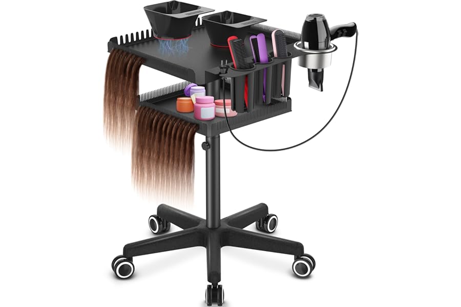 TASALON Professional Hair Extensions Organizer Cart Metal Salon Tray Cart with 2 Magnetic Bowls, Hair Dryer Holder,Adjustable Rolling Base, Black