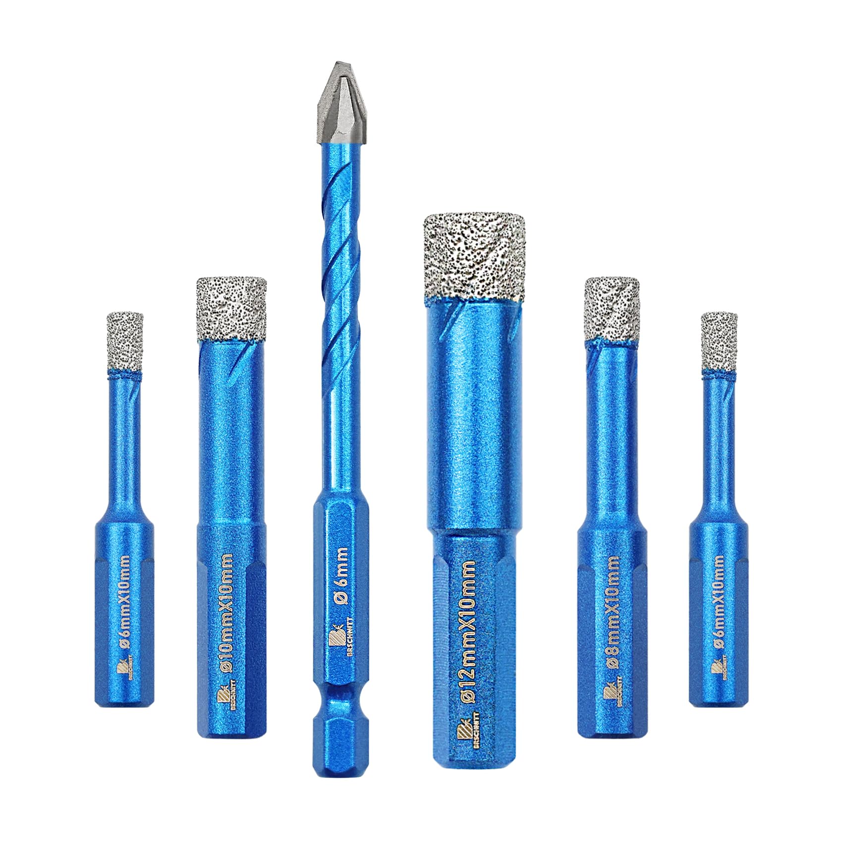 BRSCHNITT 6pcs Diamond Drill Bit Set - Triangle Shank, 1/4"+5/16"+3/8"+1/2", Head Eccentric Drill Bit for Porcelain Ceramic Tiles Glass Plastic Granite