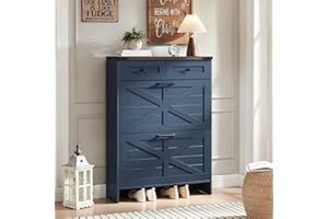 Barnyatoh Shoe Storage Cabinet, Farmhouse Shoe Organizer with 2 Hidden Flip Drawers & 2 Drawers, Narrow Freestanding Shoe Rack Cabinet with Adjustable Shelves for Entryway Hallway,Blue
