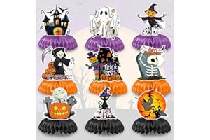 THREETOLS 9pcs Halloween Centerpieces for Tables, Purple Orange Black Trick or Treat Honeycomb Centerpieces Scary Halloween Party Decorations Ghost Witch Pumpkin Table Toppers for Halloween Party Favor Supplies