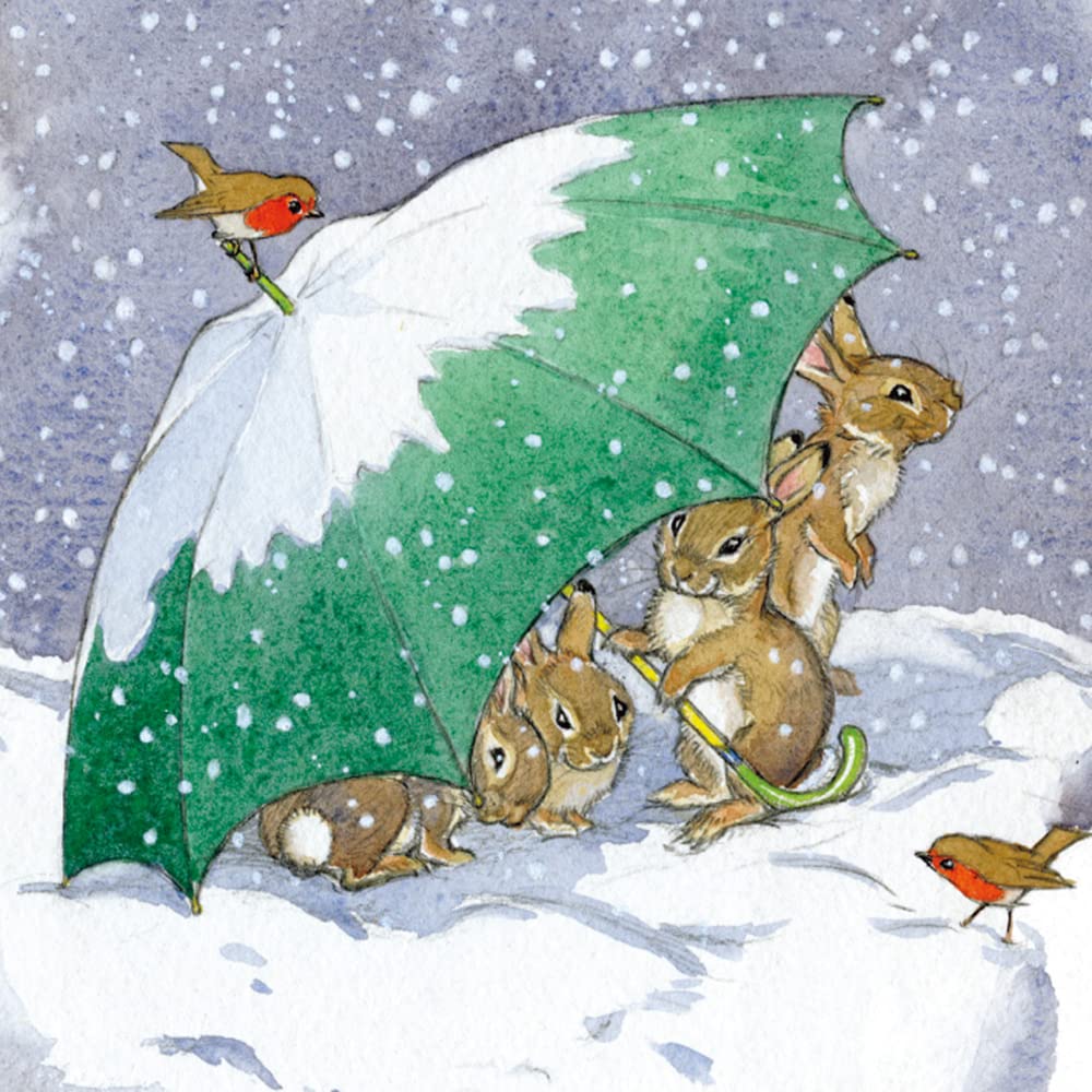 Museums & Galleries Christmas Cards - Pack of 8 Premium Christmas Greeting Cards with Envelopes - Festive Snowy Rabbits & Umbrella