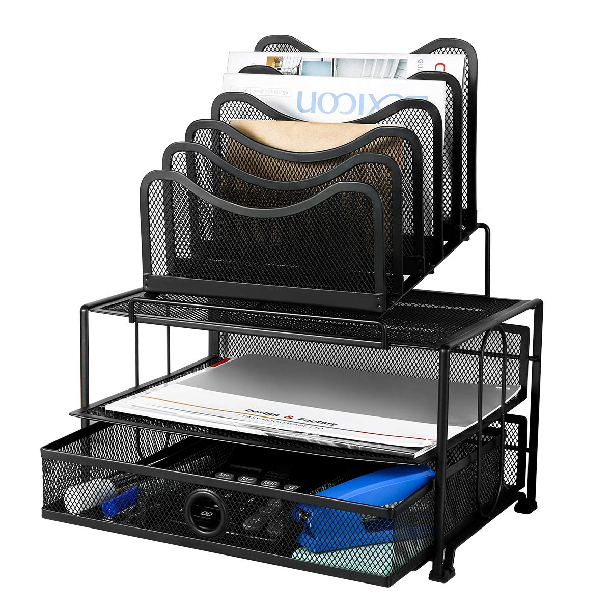 Best mesh desk organizer with sliding drawer, double tray