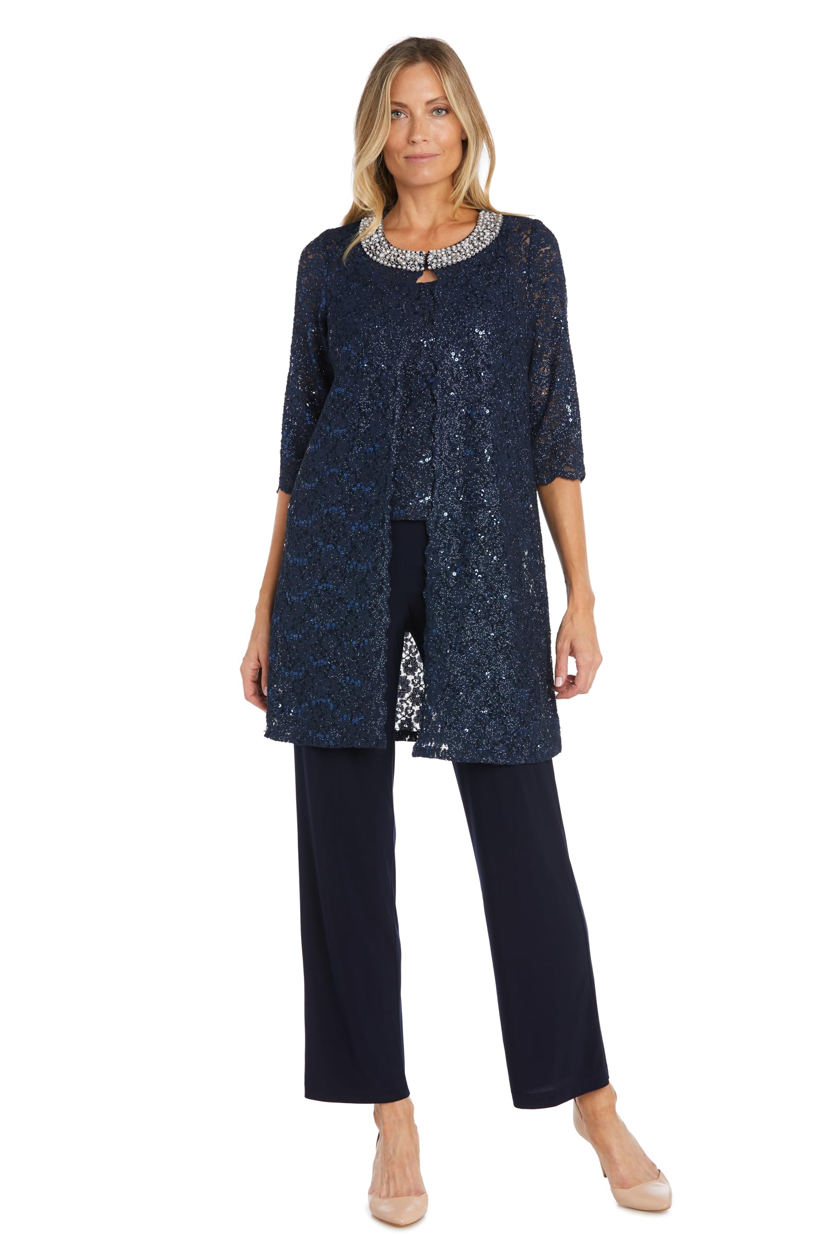 R&M Richards Women’s Elegant 3-Piece Pant Set W/ ¾ Sleeves Scalloped Edge Sequin Lace Jacket & Matching Tank