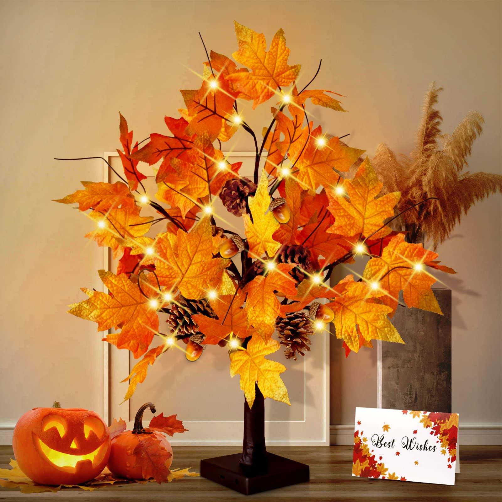 Photo 1 of [Timer & USB/Battery Operated] CKE 24" Artificial Fall Lighted Maple Tree, 24 LED Thanksgiving Decorations Table Light Artificial Tree for Autumn Harvest Home Decor Wedding Party Gifts Indoor Outdoor