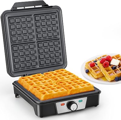 máquina de waffles, máquina de waffles para 4 waffles, 1200W de calor rápido e estável, máquina de waffles com revestimento de placa de aquecimento antiaderente, regulação contínua da temperatura, fácil de armazenar