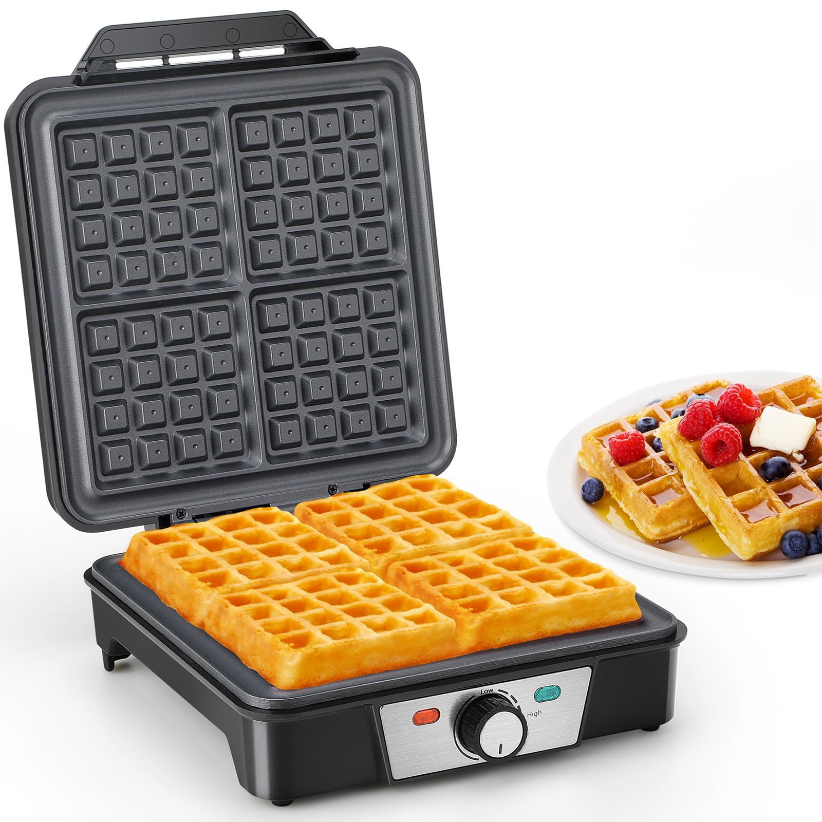 VINATO Waffeleisen, Belgisches Waffeleisen für 4 Waffeln, 1200W Schnelle und Stabile Wärme, Waffeln Maschine mit Antihaftbeschichtung von Heizplatten, Stufenlose Temperaturregulierung