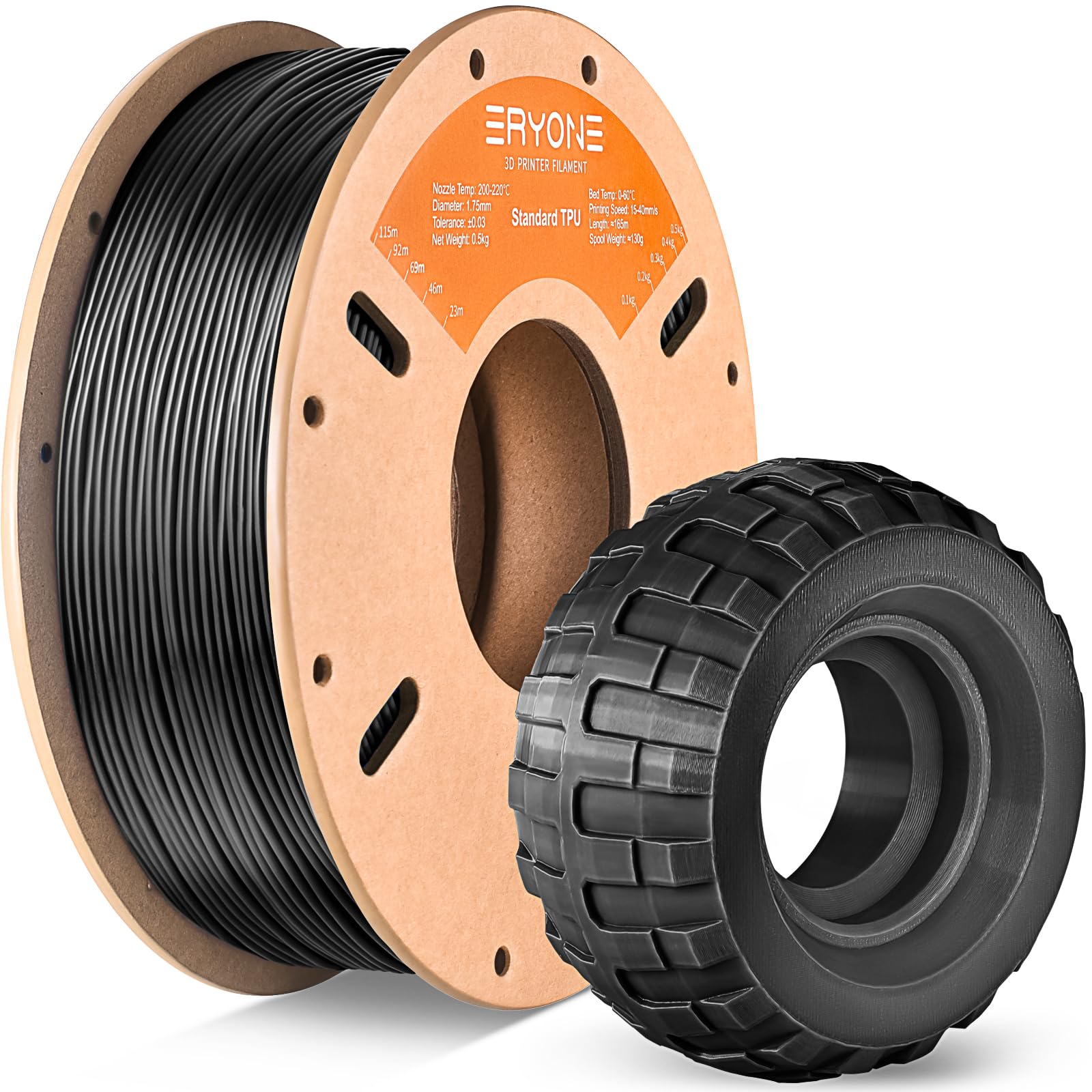 ERYONE TPU Filament 1.75mm, 3D Printer Filament,Flexible 95A TPU, +/-0.03mm, 0.5kg 1 Spool, Black