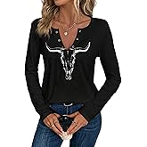 SODSHY Women's Cowboy Shirt Country Concert Outfit Cute Western Graphic Tee Casual Notched Neck Long Sleeve Top