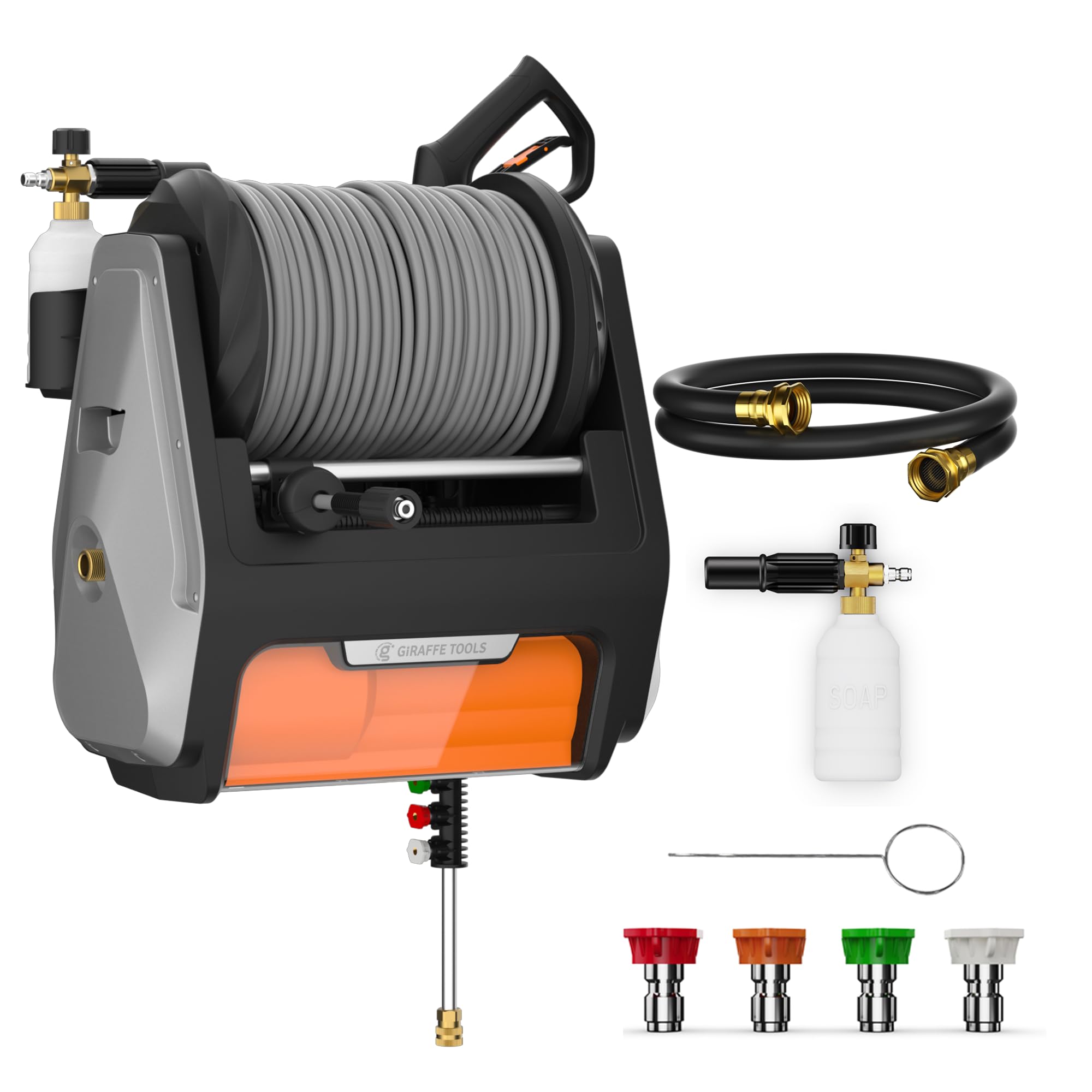 Photo 1 of ** VERY USED / MISSING PARTS ** Giraffe Tools Grandfalls Pressure Washer PRO, 2500PSI 1.6GPM, Electric Power Washer with 100FT Retractable Hoses for Cars, Fences, Patios, Dark Silver