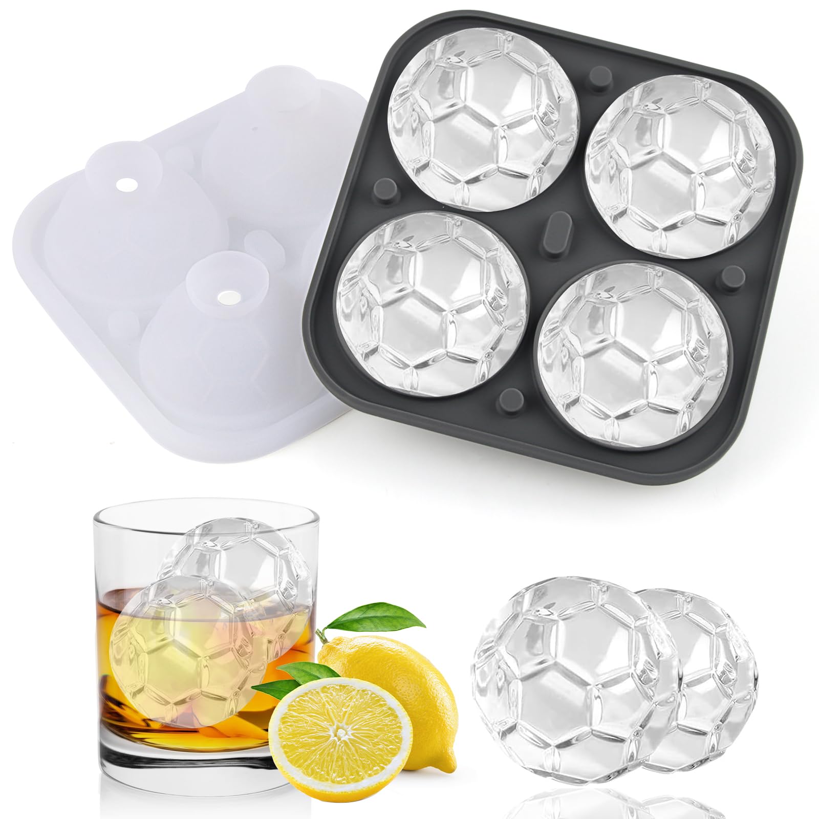 SilverChry Ice Ball Mould, Round Ice Cube Tray, Ice Cube Tray with Lid and Funnel, BPA Free, Stackable, for Cocktail, Whiskey, Juice (Grey Football)