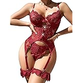 Gulinala Women Sexy Underwired Lingerie Set Push Up Lace Bodysuit Garter with Panty