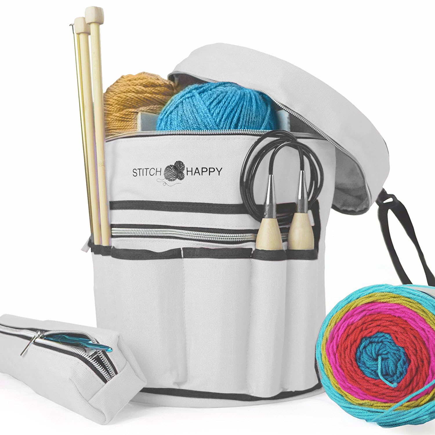 Stitch Happy Designer Knitting Bag Yarn Storage with 7 Multi-Use Pockets and Extra Large Zippered Pocket for Crochet Supplies (Gray)