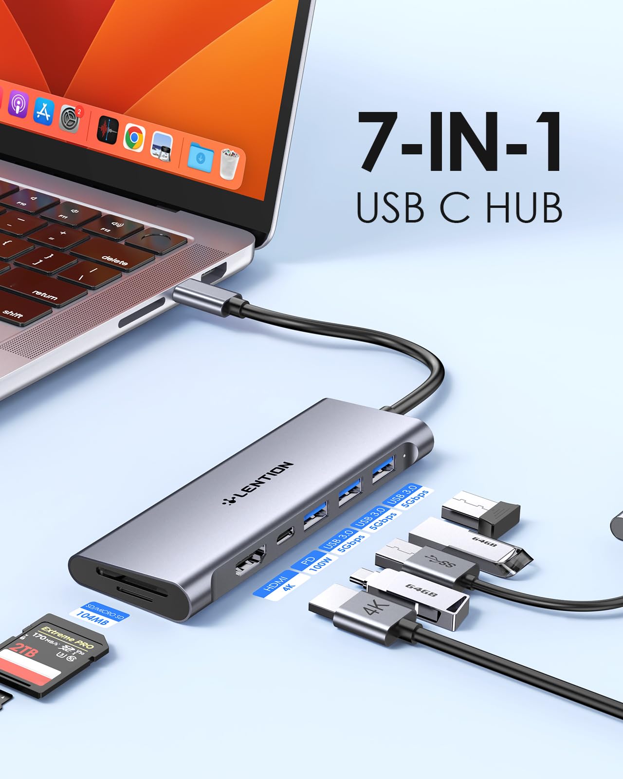 LENTION USB C Multiport Hub with 4K HDMI, 3 USB 3.0, SD/Micro SD 3.0 Card Reader, 100W PD Compatible 2024-2016 MacBook Pro, New Mac Air, Other Type C Devices, Stable Driver Adapter (C36B, Space Gray)