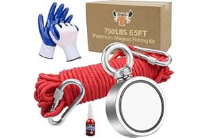 VNDUEEY Fishing Magnets with 750 lbs(340KG) Pulling Force Double Sided Magnet Fishing Neodymium Rare Earth Magnets with 65 Foot (20m) Durable Rope and Protective Gloves
