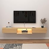 TuckTect Floating TV Stand with LED Lights, 63'' Wall Mounted TV Cabinet with Glass Door and 2 Drawers, Wooden Entertainment Media Console Center Large Storage Shelf Under TV (62.99IN, Oak)