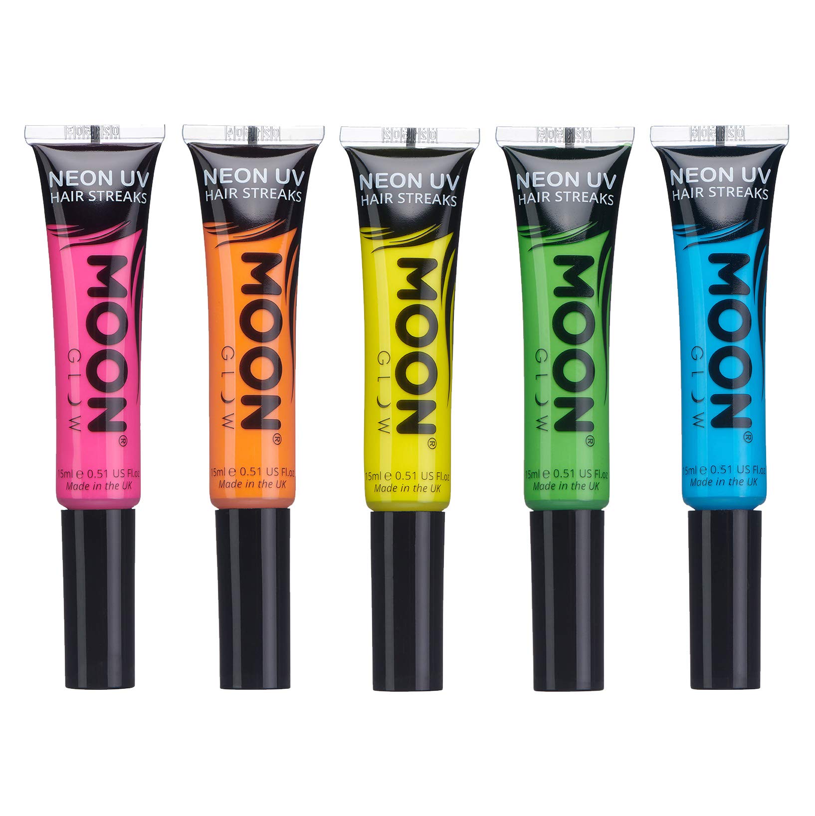 Moon Glow - Neon UV Hair Color Streaks 15ml - Hair Mascara - Temporary wash out hair colour dye - Glows brightly under UV Lighting! (Set of 5)