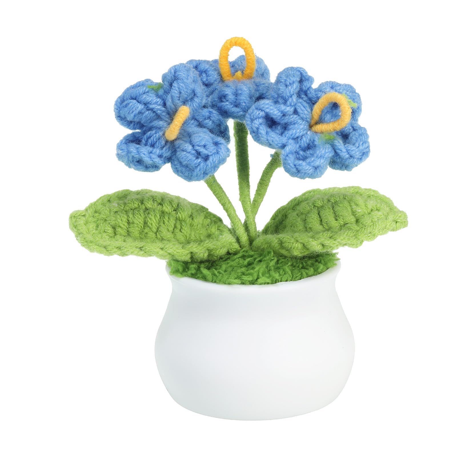 PATIKIL Crochet Flowers, Handmade Knitting 3 Head Forget Me Not Artificial Woven Small Potted with Stems for Valentine's Gifts Home Wedding Party Office Tables Decoration, Blue