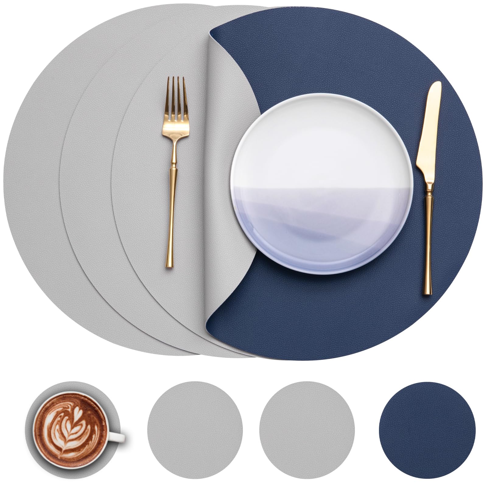 Myir JUN Round Table Placemats Set of 4 Faux Leather Place Mats and Coasters 15 inch Round Dual Sided Placemats Non-Slip Wipe Clean Stain Resistant (Blue Gray,Set of 4)