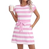 Wsheliu Women's Summer Dresses 2025 Striped Cap Sleeve T Shirt Crewneck Casual Dress A Line Tie Waist with Pockets