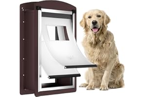 ALUMANI Dog Door for Wall, Large Dog Door with Double Lock Panels, Steel Frame and Telescoping Tunnel, Doggie Door for Interior and Exterior Wall, Up to 100lbs, Coffee Color