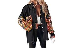 CHICME BEST SHOPPING DEALS Womens Jacket Sequin Patchwork Long Sleeve Jacket Top Button Front Oversized Denim Shacket