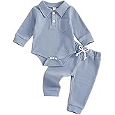 Eurvoku Newborn Baby Boy Clothes Solid Waffle Knit Long Sleeve Button Up Collared Romper Long Pants Set Fall Winter Outfits