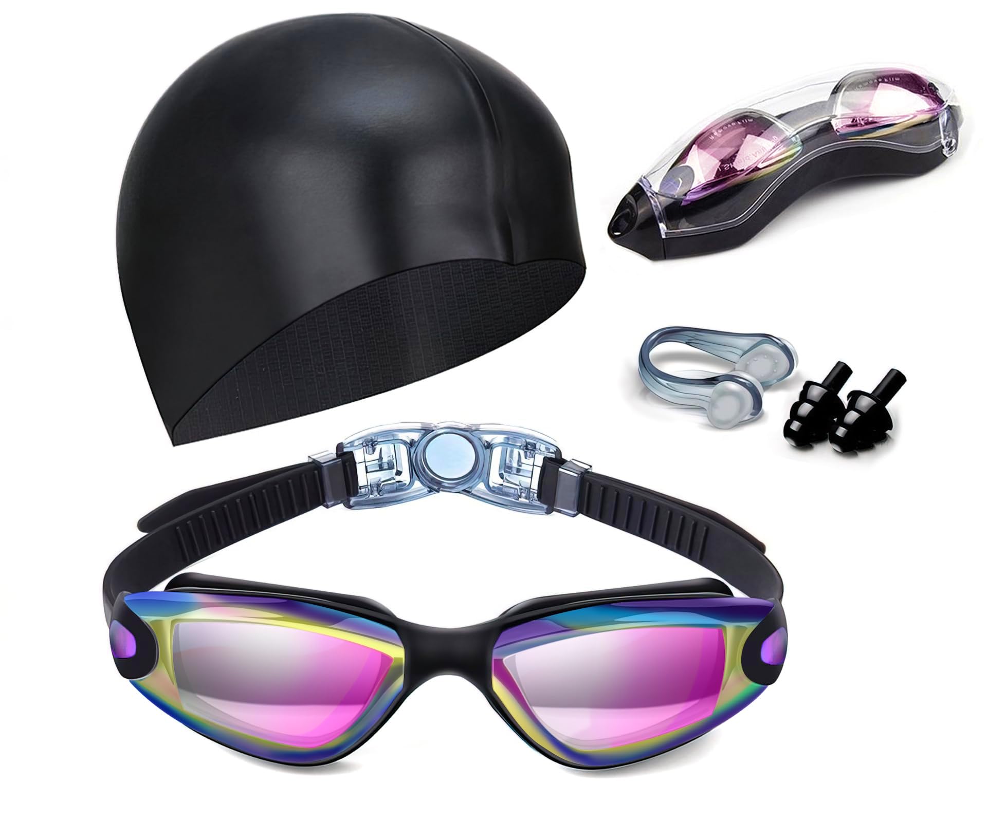Hurdilen Swim Goggles Swimming Goggles No Leaking with Nose Clip, Earplugs, Swim Cap and Case for Men Women
