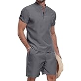YTD Men's 2 Pieces Set Short Sleeve Henley Shirts and Shorts Texture Summer Beach Vacation Outfits