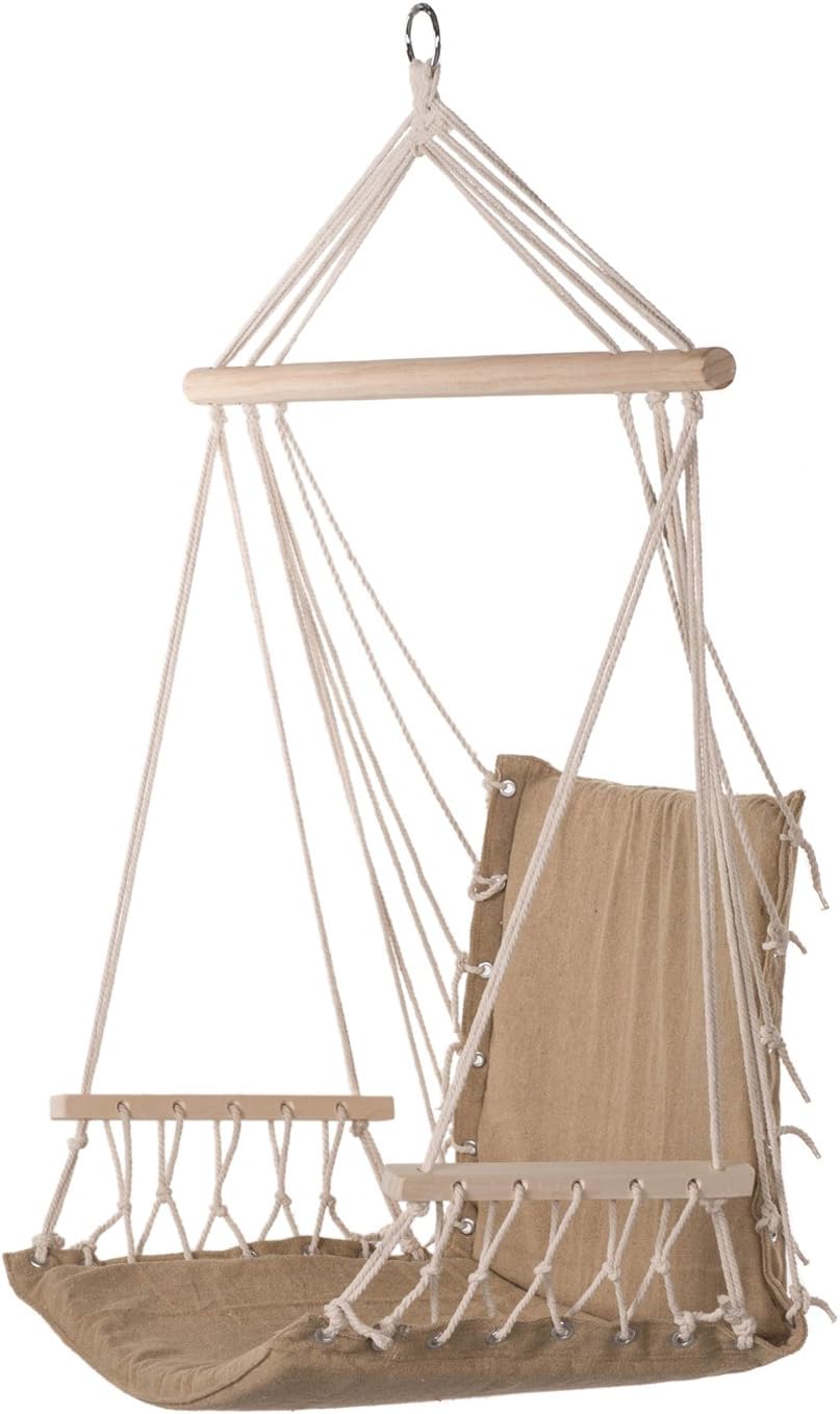 Prime Garden Hanging Rope Chair Cotton Padded Swing Chair Hammock Seat for Indoor or Outdoor Spaces-Brown
