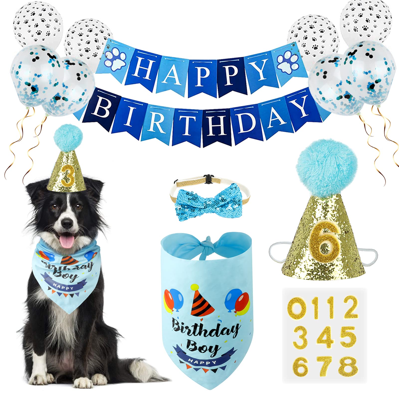 VIPITH Dog Birthday Party Supplies with Dog Birthday Bandana, Cute Happy Birthday Banner Hat Balloons for Pet Puppy Cat First Birthday Decorations (Blue/Boy)