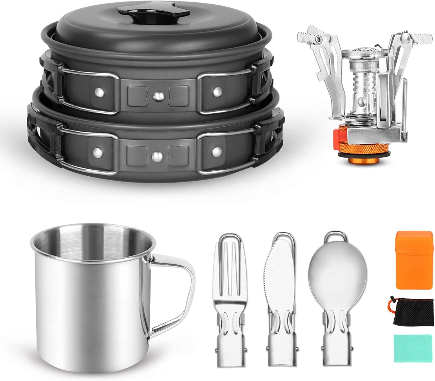 Amazon Com Odoland 10pcs Camping Cookware Mess Kit With Stove Pot Pan Bowls Sporks Cup Set For Backpacking Camping Outdoor Hiking And Survival Lightweight And Durable Sports Outdoors