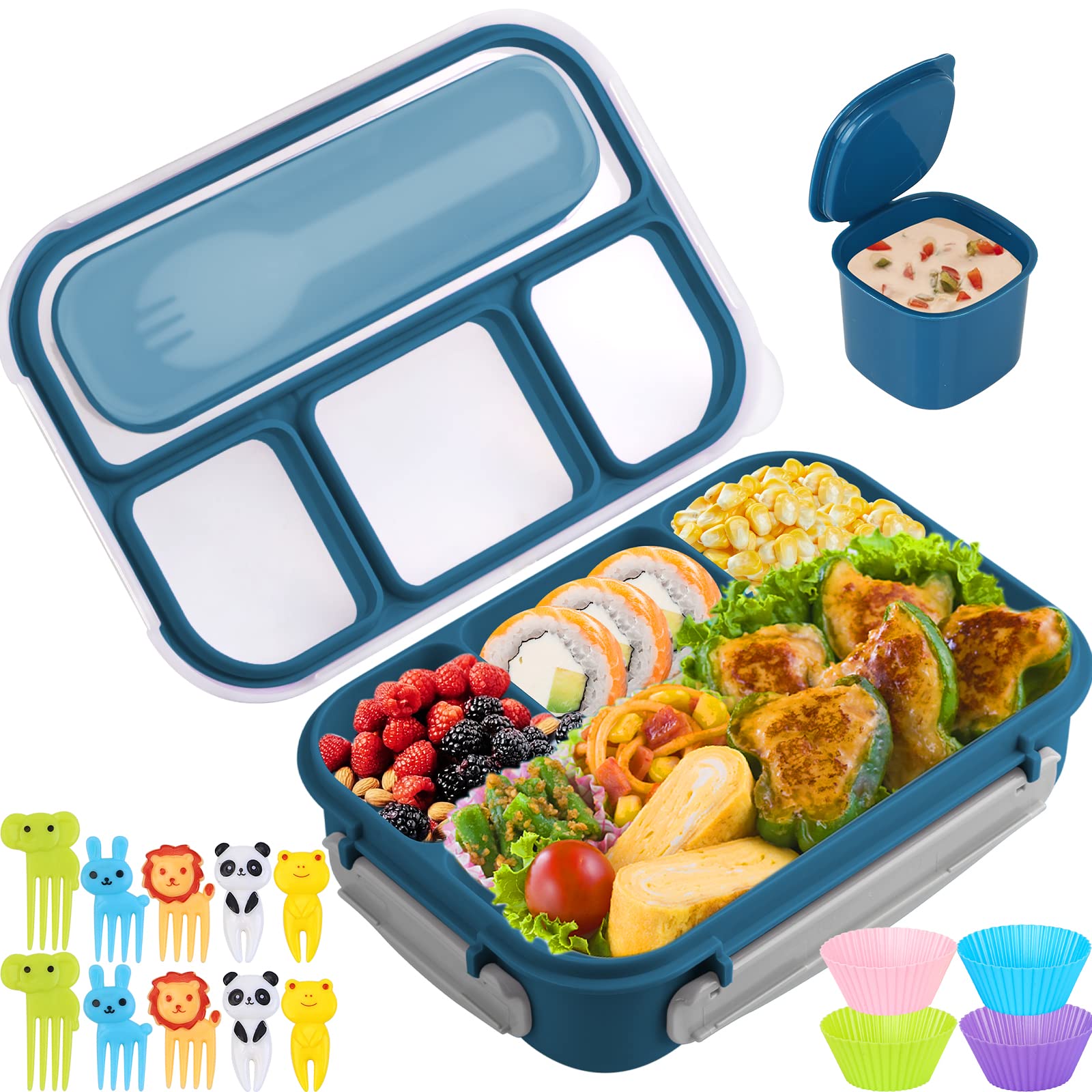 Photo 1 of Bento Box, Lunch Box Kids, 1300ML Bento Box Adult Lunch Box with 4 Compartment&Food Picks Cake Cups, Lunch Box Containers for Adults/Kids/Toddler, Leak-Proof, Microwave/Dishwasher/Freezer Safe(Blue)