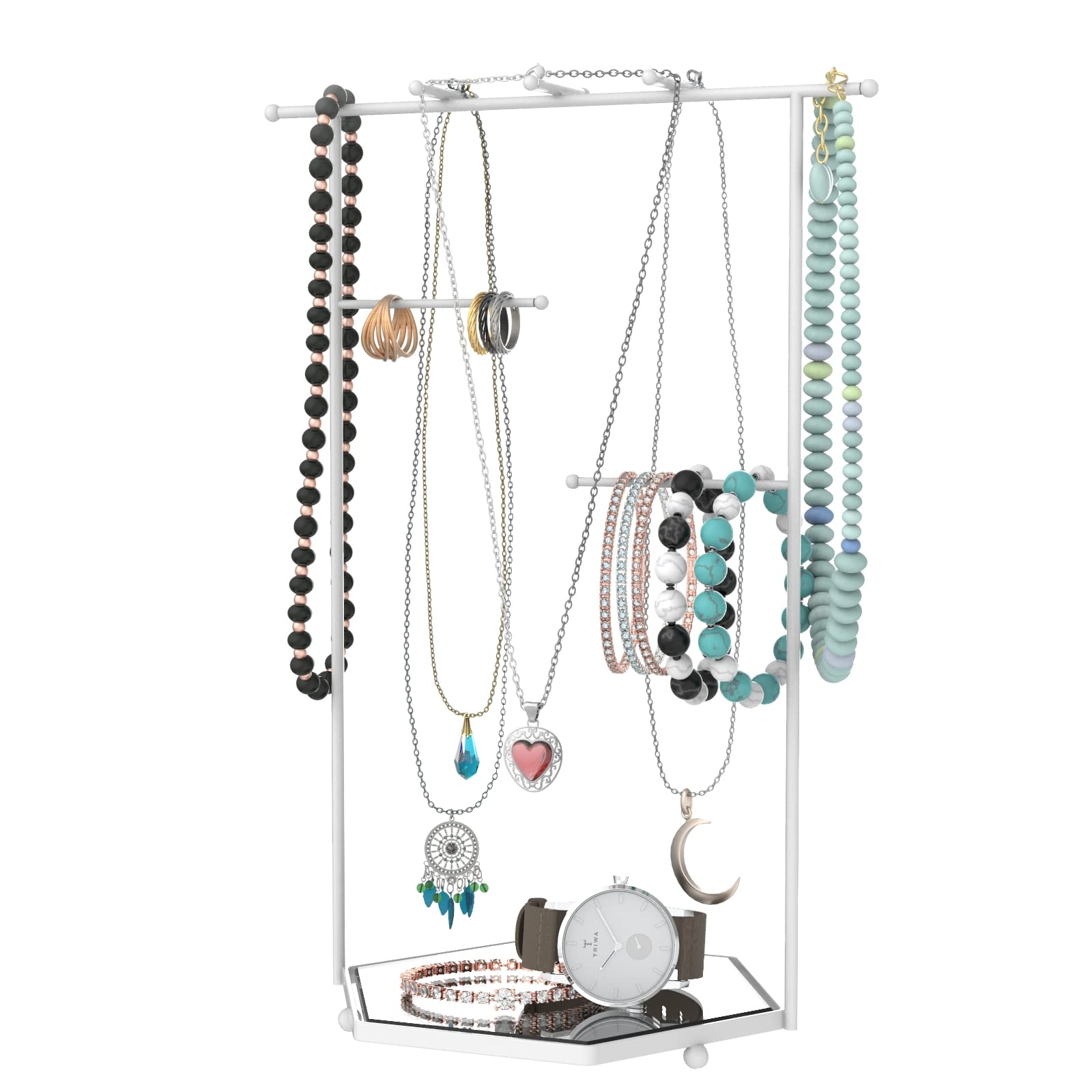 Mango Steam Tabletop Mirror Base Jewellery Tower/Display Stand for Bracelets, Necklaces, Hoop Earrings, Rings (Hexagon, White)