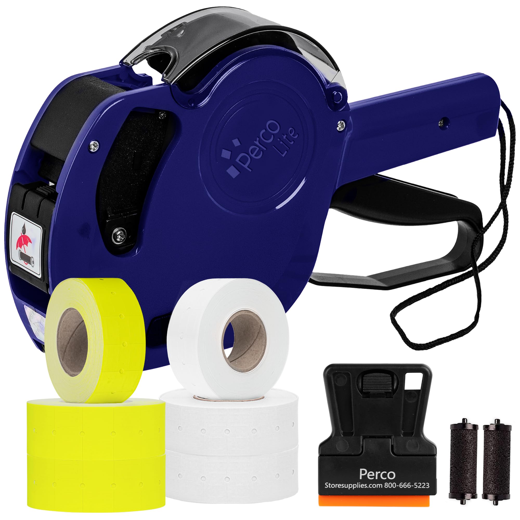 Photo 1 of Perco Lite 1 Line Price Gun with Labels Kit - Includes 3 White Rolls, 3 Yellow Rolls, 2 Ink Rollers, 1 Ink roll and Labels Pre-Loaded