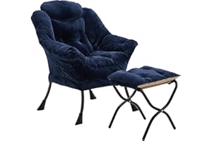 Youtanic Lazy Chair with Folding Ottoman, Accent Chair Plush Upholstered with Metal Structure and Non-Slip Pads, Sofa Armchair with Footrest and Side Storage Bag for Dorm, Room, Office, Navy Blue